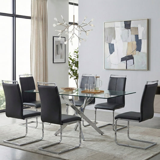 Modern Sword 7-Piece Glass Dining Set – 12mm Tempered Glass Table with Faux Leather Chairs