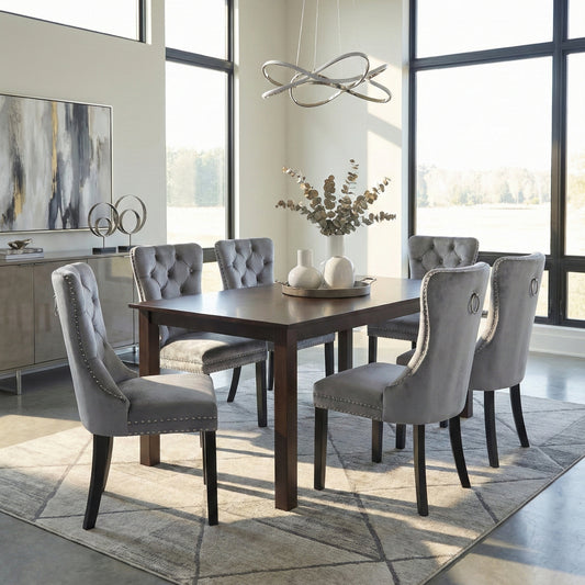 Modern Dining Set – Espresso Solid Wood Table with Tufted Nailhead Chairs