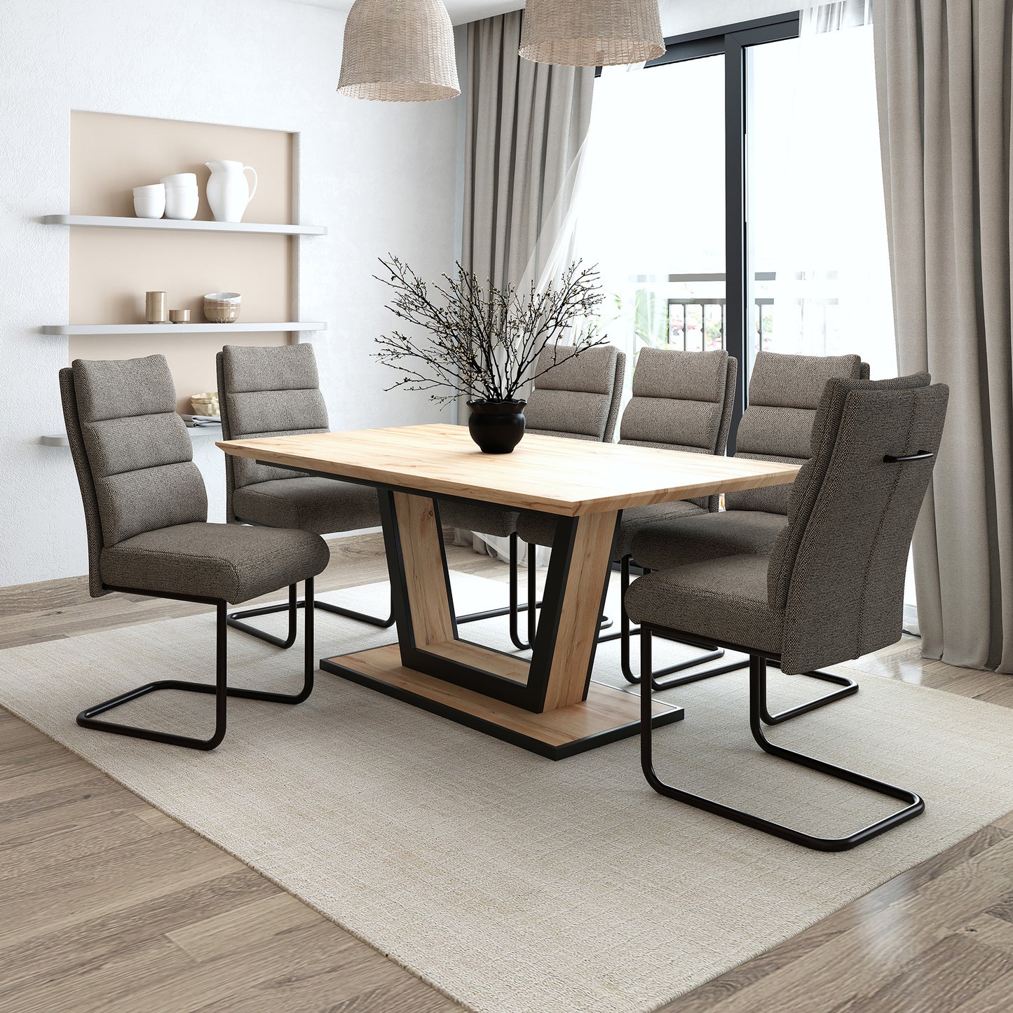 Ensemble de salle à manger 7 pièces Forna/Brodi avec table naturelle et chaise anthracite