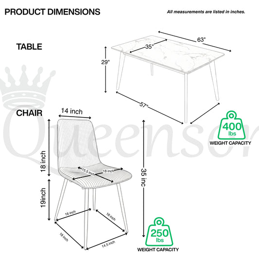 Modern 7-Piece White Faux Marble Dining Set – 63” Table with Corduroy Chairs