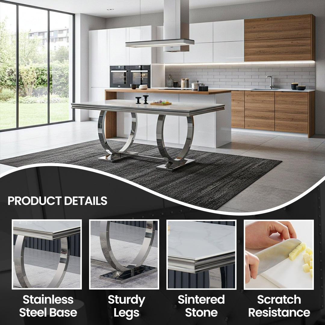 Salsa Dining Table Sintered Stone Dining Table 71” Stainless Steel Base, Scratch & Heat Resistant