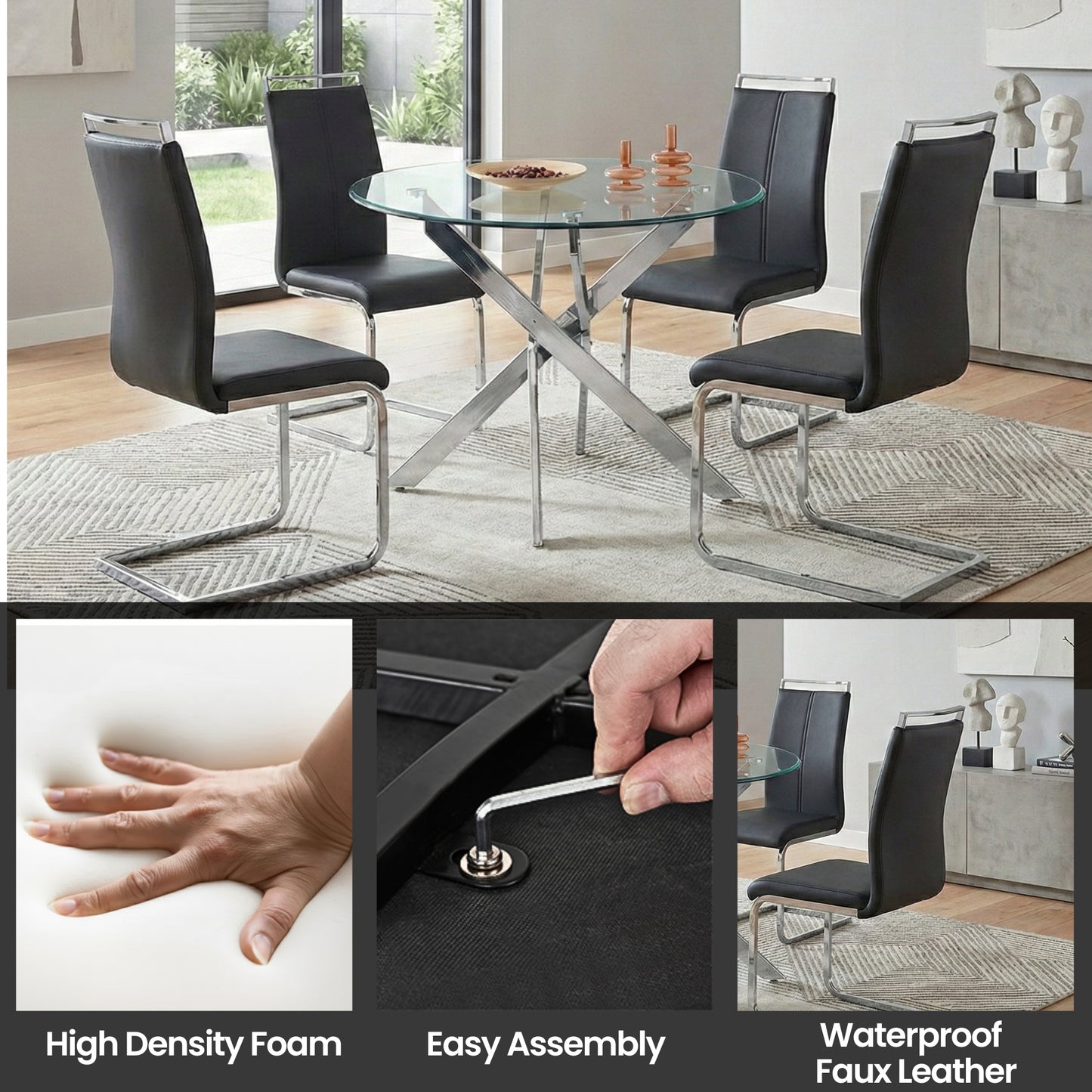 Modern Sword 5-Piece Round Glass Dining Set – 12mm Tempered Glass Table with Faux Leather Chairs