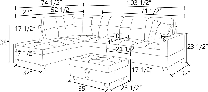 UBGO Living Room Furniture Sets,L-Shape Couch with Chaise Lounge & Storage Ottoman,Linen Sofas & Couches,3-Piece Sectional Sofa Set for Small Space Apartments- Grey (Left Hand Facing)