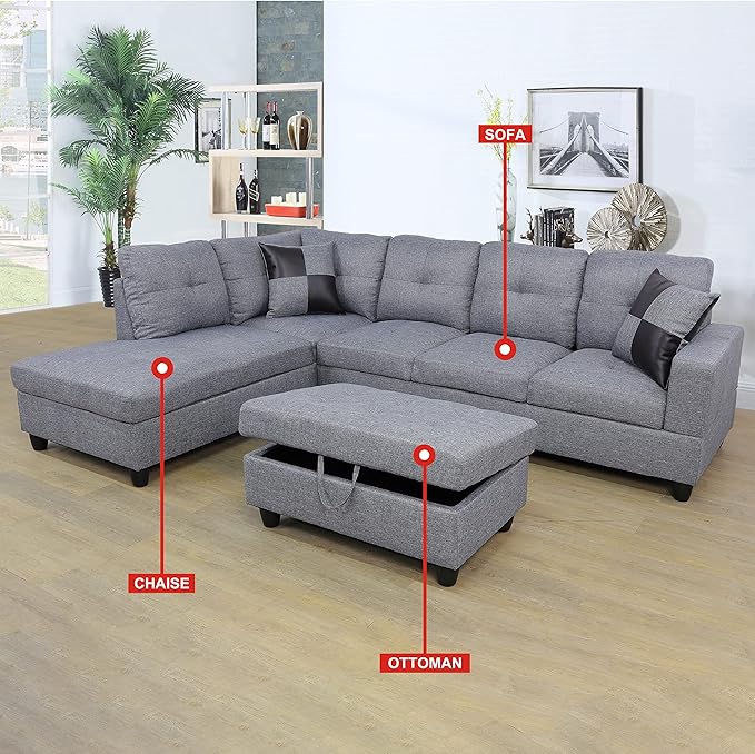 UBGO Living Room Furniture Sets,L-Shape Couch with Chaise Lounge & Storage Ottoman,Linen Sofas & Couches,3-Piece Sectional Sofa Set for Small Space Apartments- Grey (Left Hand Facing)