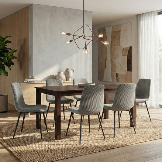 UNIVERSAL ESPRESSO WOOD DINING TABLE WITH CORDUROY CHAIRS