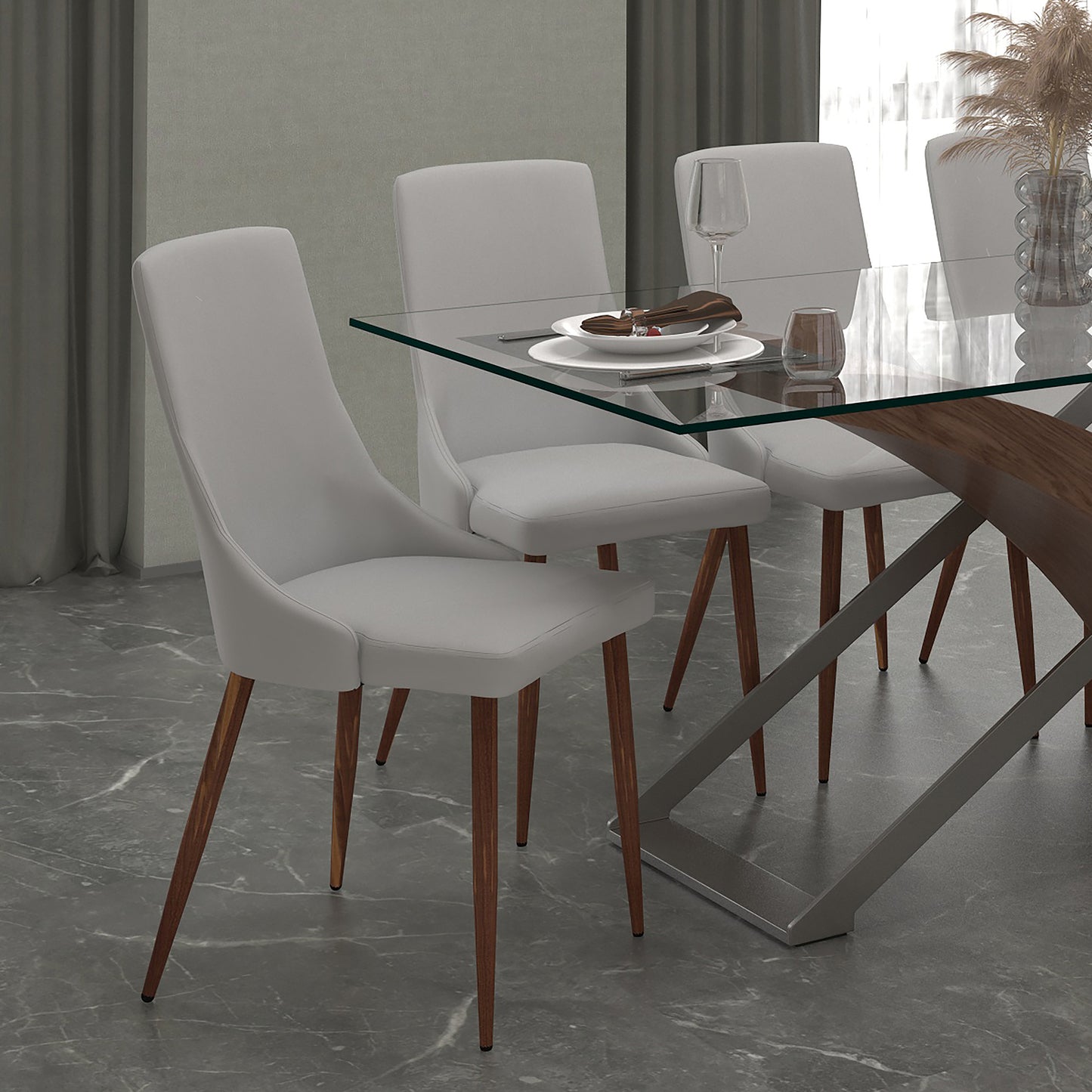 Cora Faux Leather Side Chair in Light Grey and Walnut (Each)