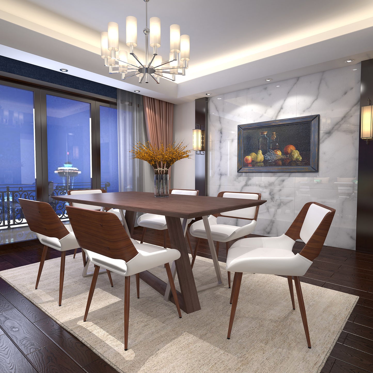 Drake/Hudson Dining Set in Walnut with White Chair (Table + 6 Chairs)