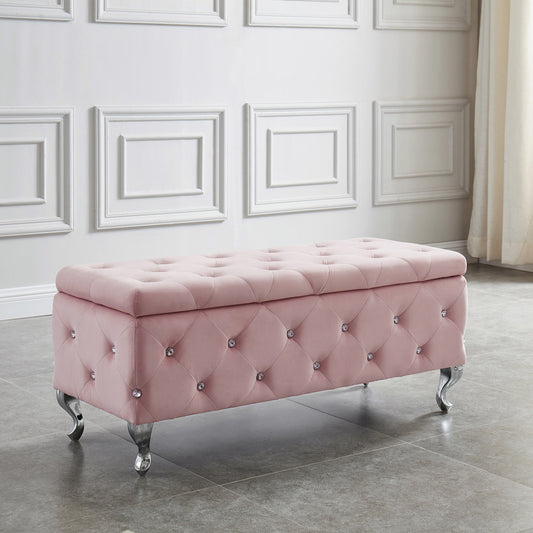 Pouf de rangement rectangulaire Monique en rose poudré et chrome