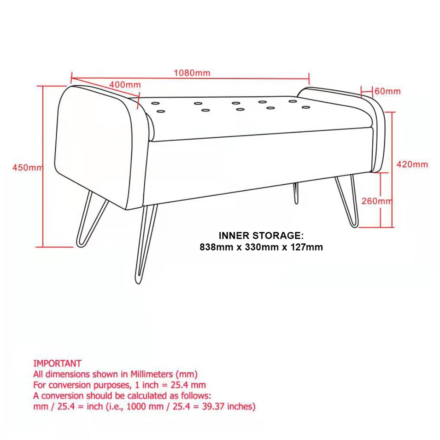 Pouf/banc de rangement Sabel en gris et or vieilli