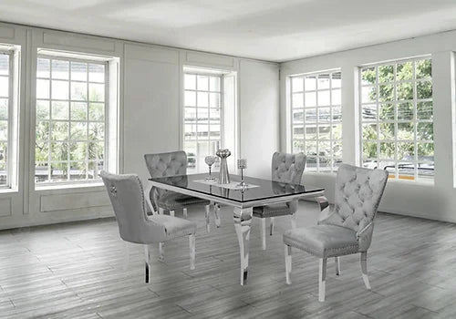 Table à manger Kennedy en verre noir 63" + 4 chaises Munich gris clair