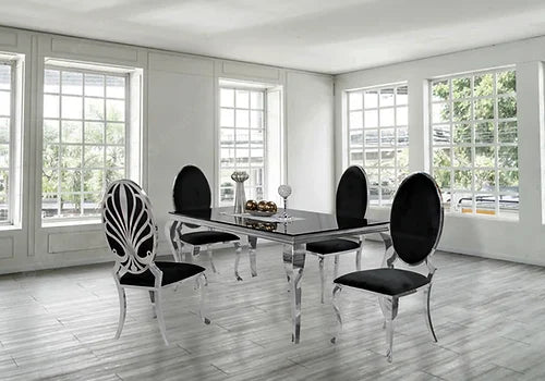 Table à manger Kennedy en verre noir de 63 po + 4 chaises noires glacées