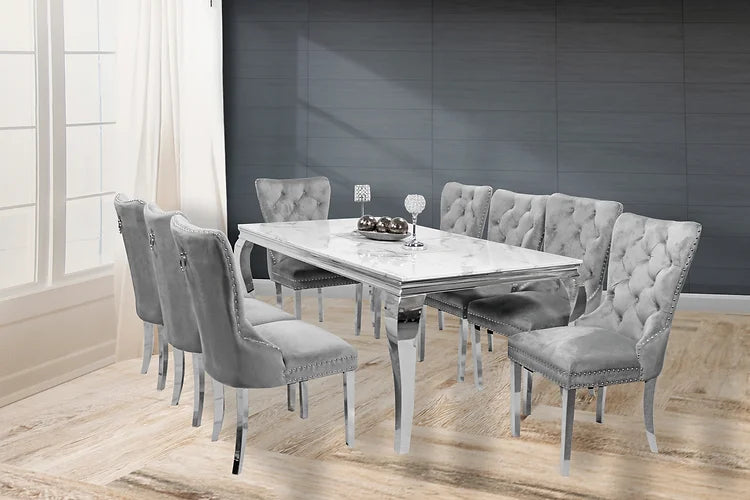 Table à manger en marbre Kennedy 79" + 8 chaises Munich gris clair