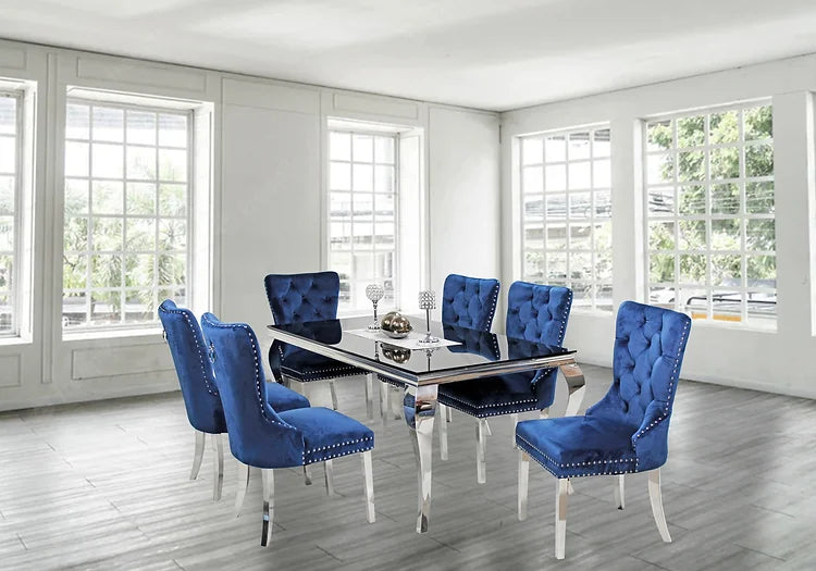 Table à manger Kennedy en verre noir 63" + 6 chaises Munich bleues