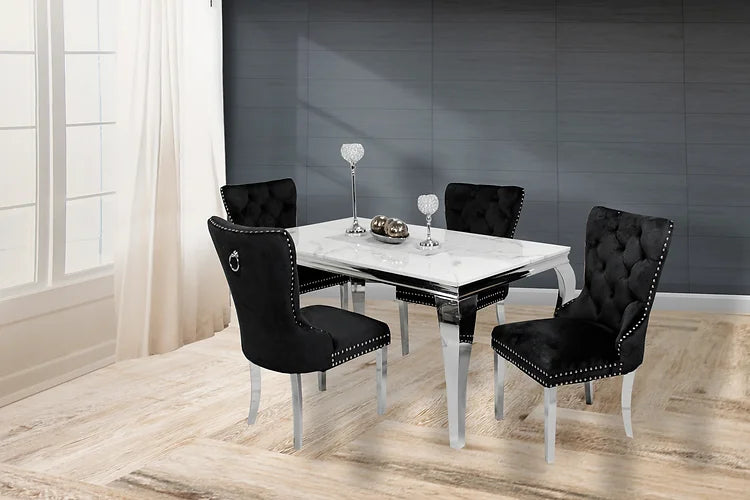 Table à manger en marbre Kennedy 63" + 4 chaises noires Munich