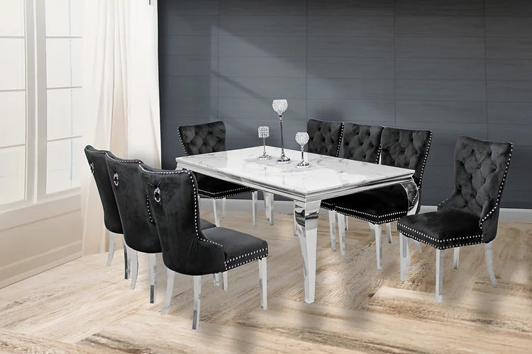 Table à manger en marbre Kennedy 79" + 8 chaises noires Munich