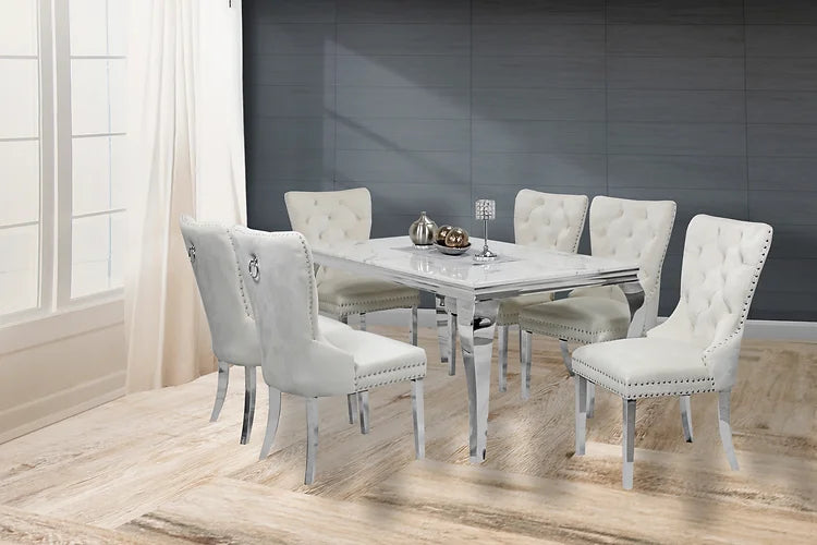 Table à manger en marbre Kennedy 63" + 6 chaises Munich ivoire