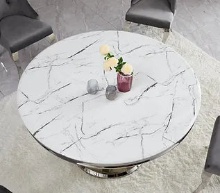 Table à manger ronde en marbre blanc Lotus (53" x 30,5")