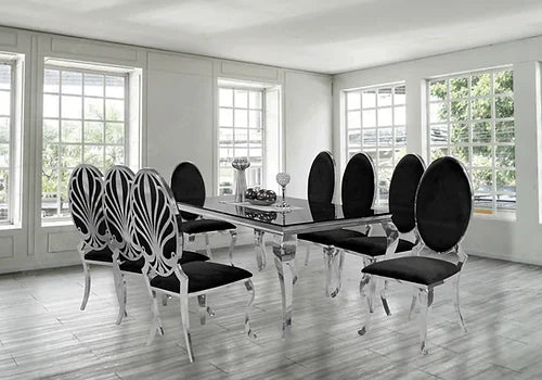Table à manger Kennedy en verre noir de 79 po + 8 chaises noires glacées