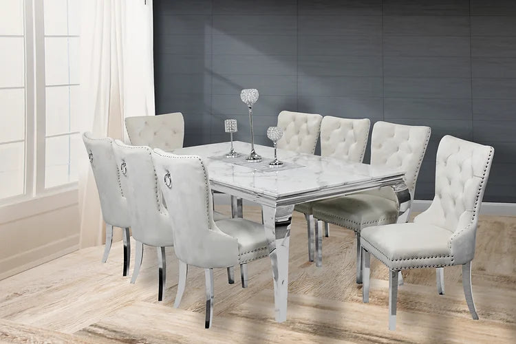 Table à manger en marbre Kennedy 79" + 8 chaises Munich ivoire