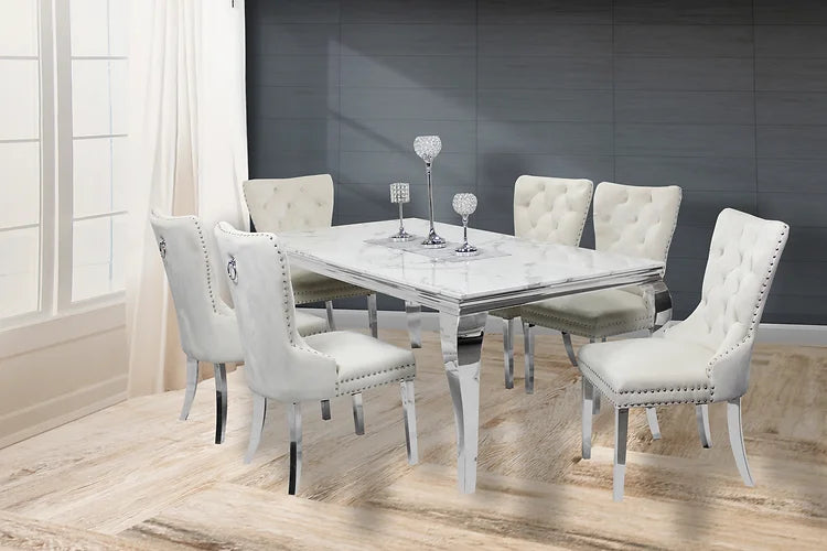 Table à manger en marbre Kennedy 79" + 6 chaises Munich ivoire