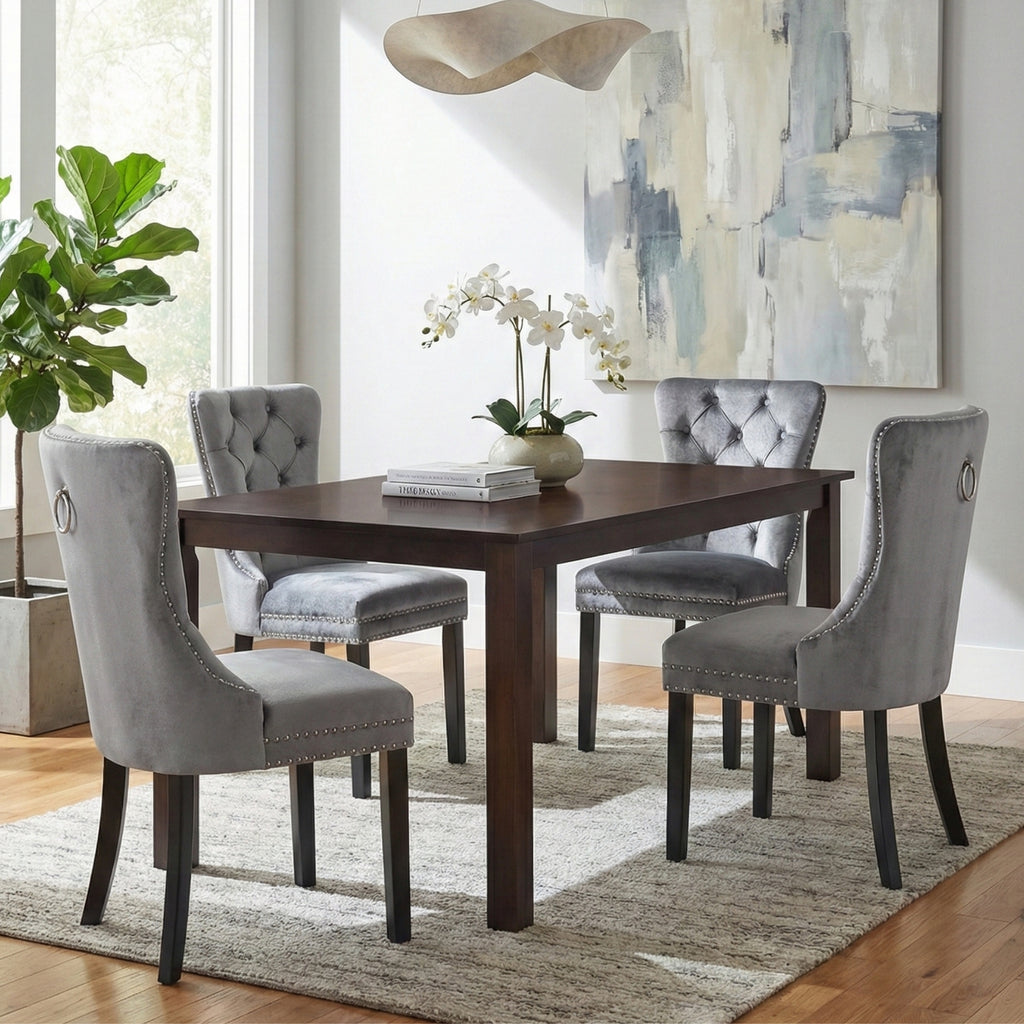 MADRID VELVET DINING CHAIR WITH NAILHEAD TRIM & CHROME KNOCKER – LUXURY BUTTON-TUFTED DINING CHAIR