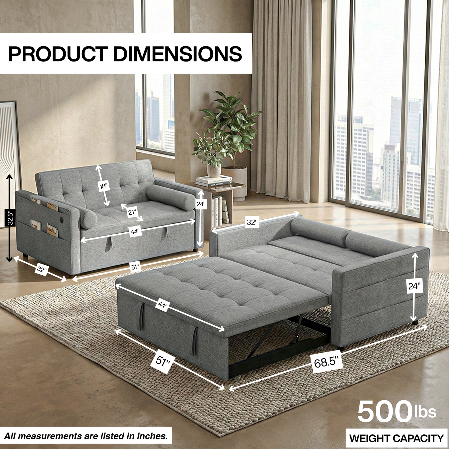 STUDIO SOFA PULLOUT BED WITH USB- C CHARGER