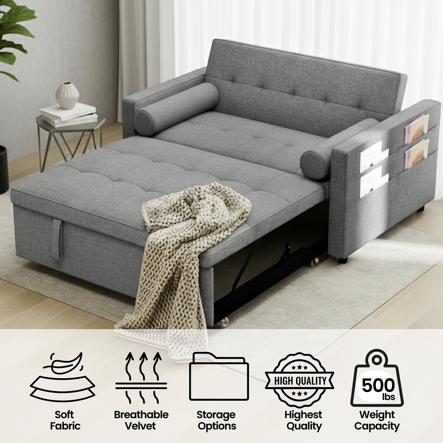 STUDIO SOFA PULLOUT BED WITH USB- C CHARGER