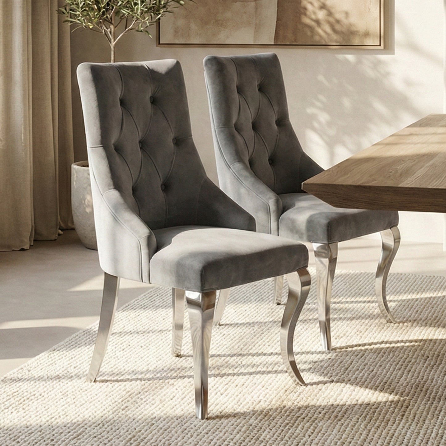 Lily Grey Velvet Dining Chair with Chrome Ring Knocker Set of 2