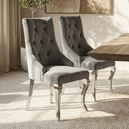 Lily Grey Velvet Dining Chair with Chrome Ring Knocker Set of 2