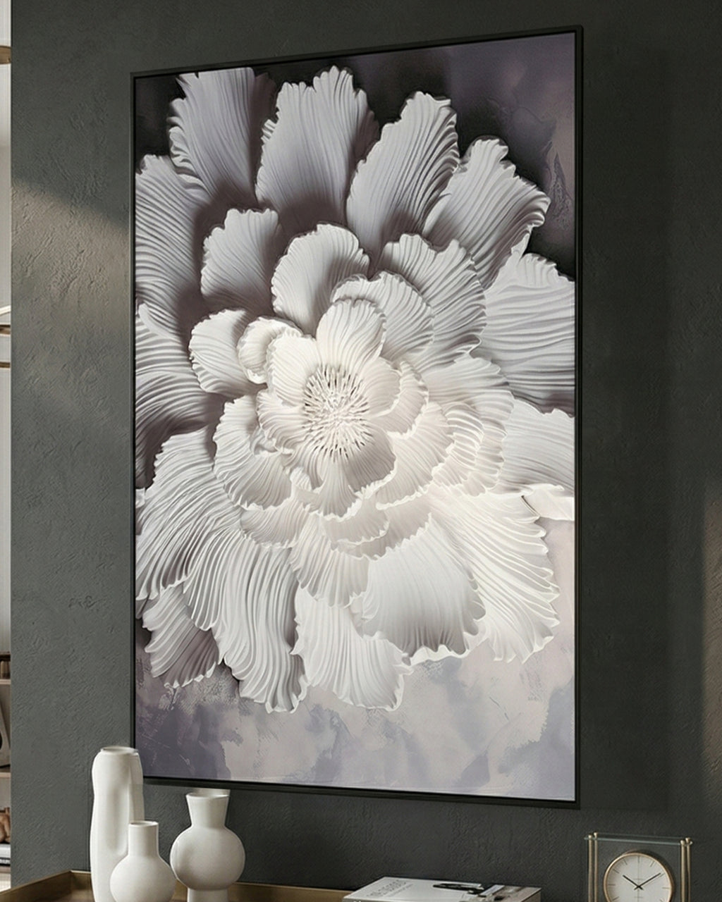 Tableau mural FLEURS BLANCHES avec cadre en métal 