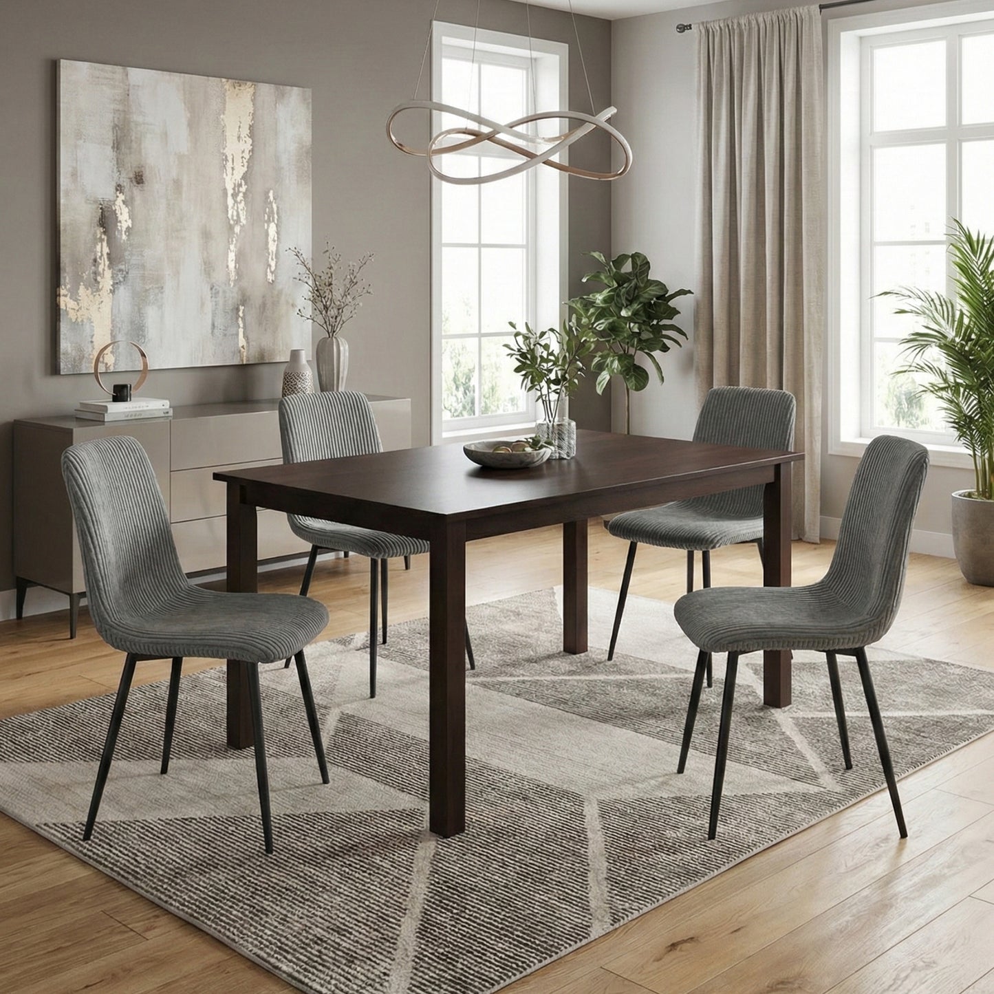 TABLE DE SALLE À MANGER UNIVERSELLE EN BOIS ESPRESSO AVEC CHAISES EN VELOURS ROULÉ