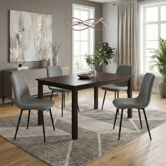 UNIVERSAL ESPRESSO WOOD DINING TABLE WITH CORDUROY CHAIRS