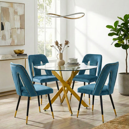 Modern 5-Piece Round Glass Dining Set – 12mm Tempered Glass Table with Velvet Nailhead Chairs