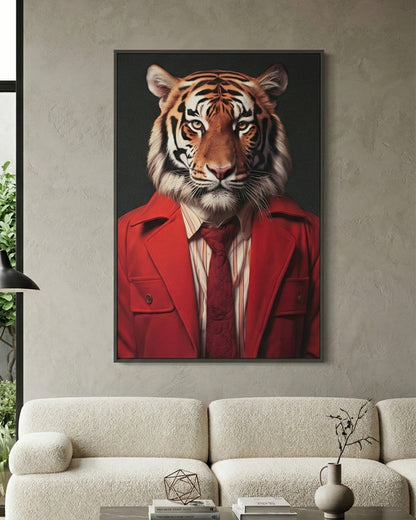 Lion au manteau rouge, tableau mural avec cadre en métal 