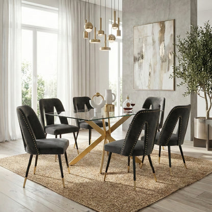 Modern 7-Piece Rectangular Glass Dining Set – 12mm Tempered Glass Table with Velvet Nailhead Chairs
