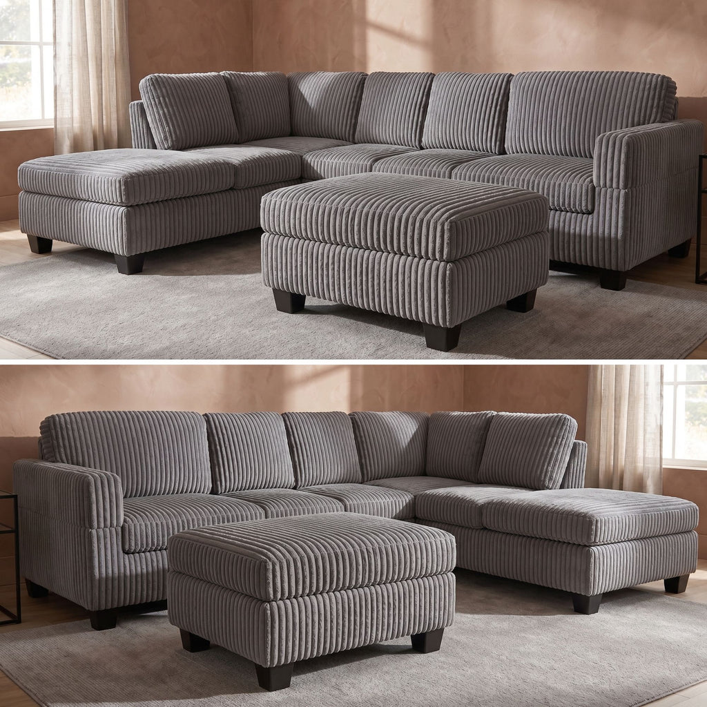 EVA GREY CORDUROY SOFA SECTIONAL WITH OTTOMAN