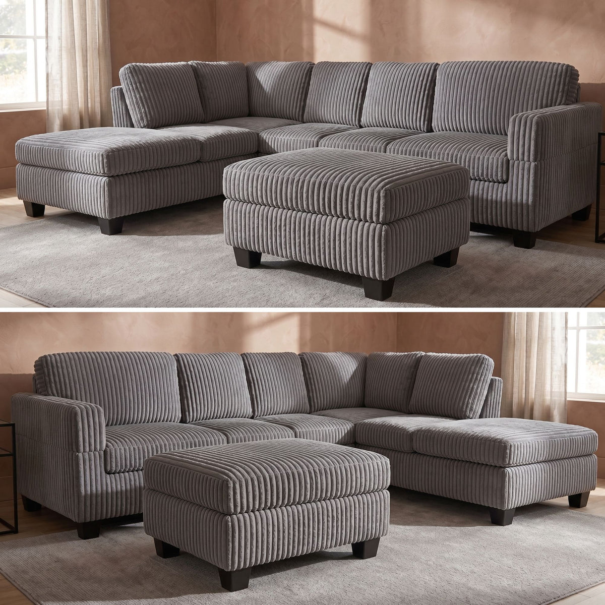 EVA GREY CORDUROY SOFA SECTIONAL WITH OTTOMAN