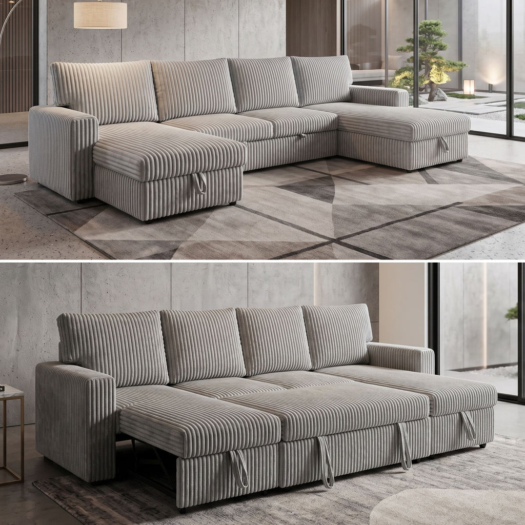 GREY CORDUROY SOFA WITH CUPHOLDERS AND CHAISE STORAGE