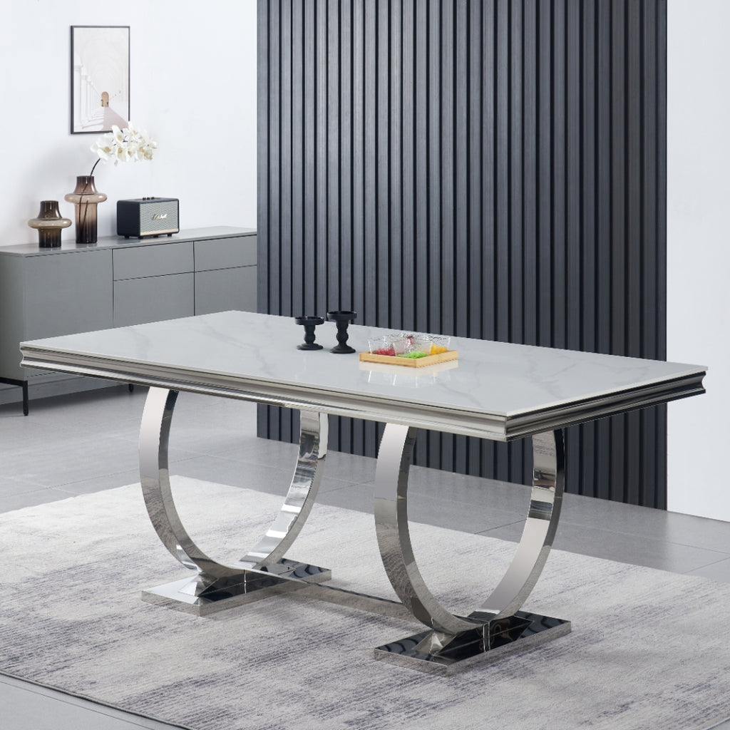 Table de salle à manger Salsa en pierre frittée, 180 cm (71 po), piètement en acier inoxydable, résistante aux rayures et à la chaleur