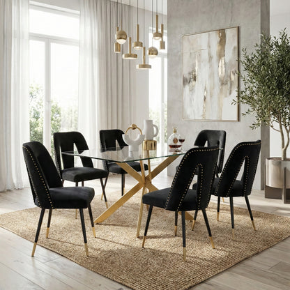 Modern 7-Piece Rectangular Glass Dining Set – 12mm Tempered Glass Table with Velvet Nailhead Chairs