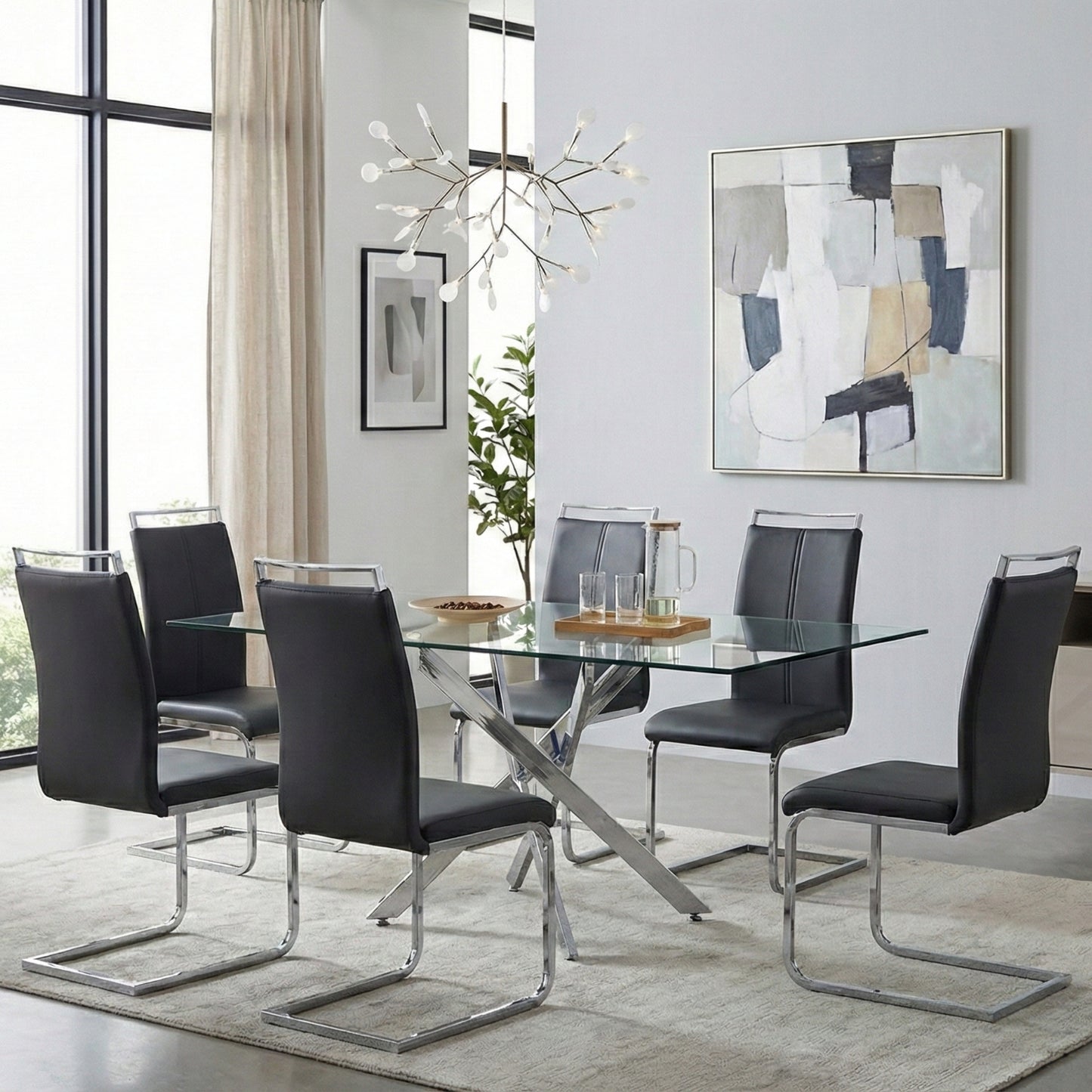 Ensemble de salle à manger Modern Sword 7 pièces en verre – Table en verre trempé de 12 mm avec chaises en similicuir