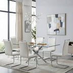 Modern Sword 7-Piece Glass Dining Set – 12mm Tempered Glass Table with Faux Leather Chairs