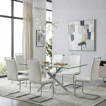 Ensemble de salle à manger Modern Sword 7 pièces en verre – Table en verre trempé de 12 mm avec chaises en similicuir