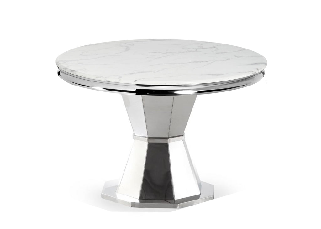 Table à manger ronde avec plateau en marbre blanc Rocco