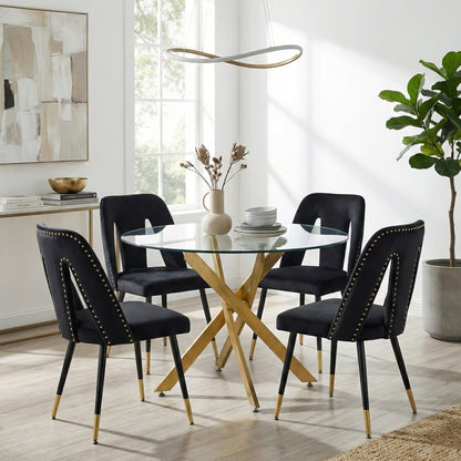 Modern 5-Piece Round Glass Dining Set – 12mm Tempered Glass Table with Velvet Nailhead Chairs
