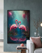 Tableau mural DEUX FLAMANTS ROSES avec cadre en métal 