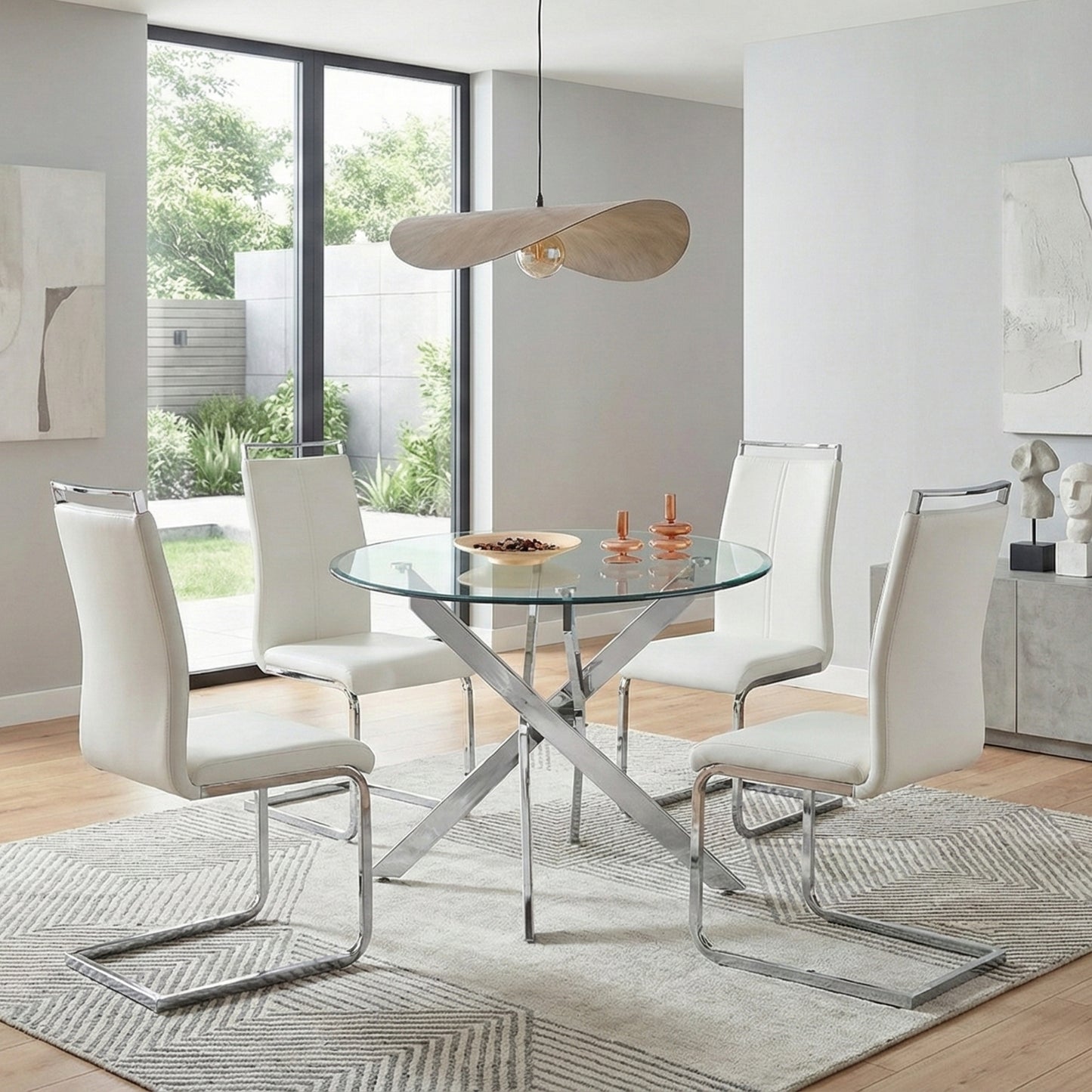 Modern Sword 5-Piece Round Glass Dining Set – 12mm Tempered Glass Table with Faux Leather Chairs