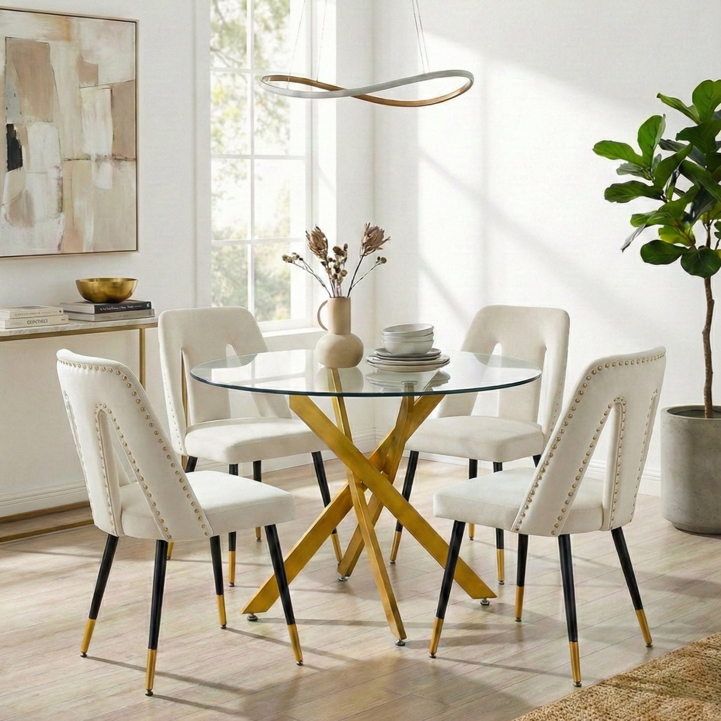 Modern 5-Piece Round Glass Dining Set – 12mm Tempered Glass Table with Velvet Nailhead Chairs
