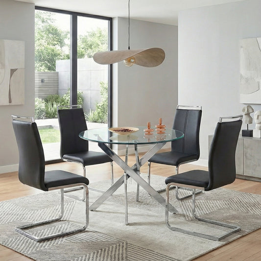 Modern Sword 5-Piece Round Glass Dining Set – 12mm Tempered Glass Table with Faux Leather Chairs