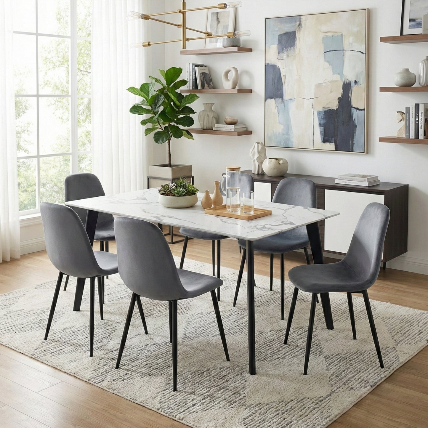 Modern 7-Piece White Faux Marble Dining Set – 63” Table with Grey Velvet Chairs